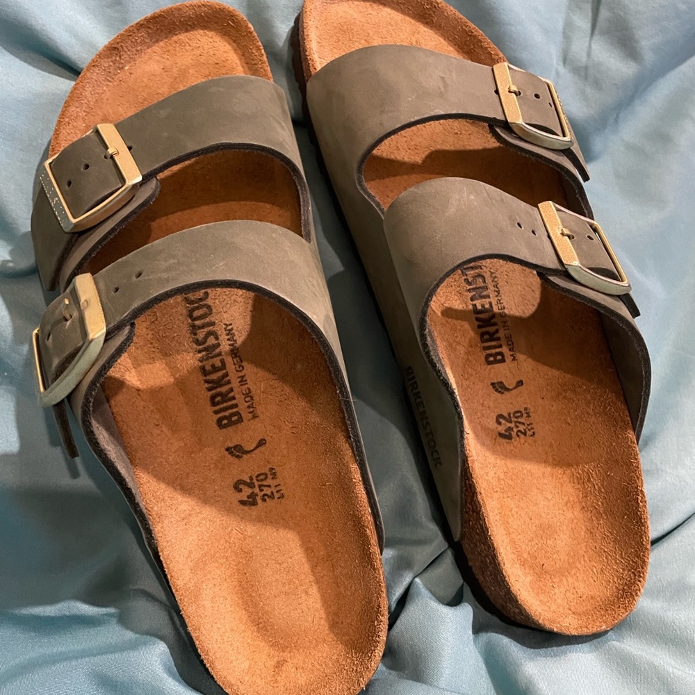 Birkenstock Sage Green Arizona Sandals with Gold Buckles